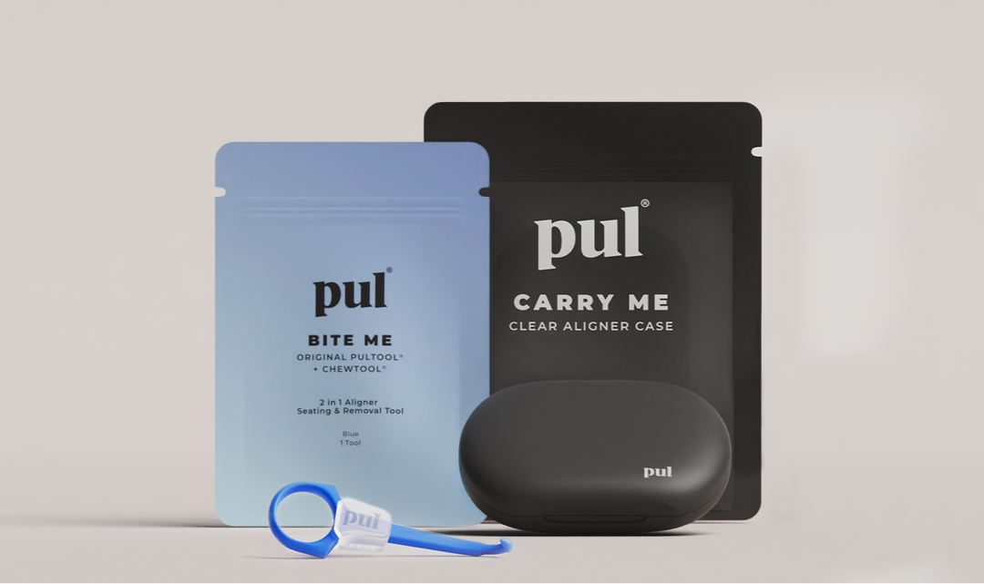 PUL's 2-in-1 aligner tool and Carry Me clear aligner case bundle.